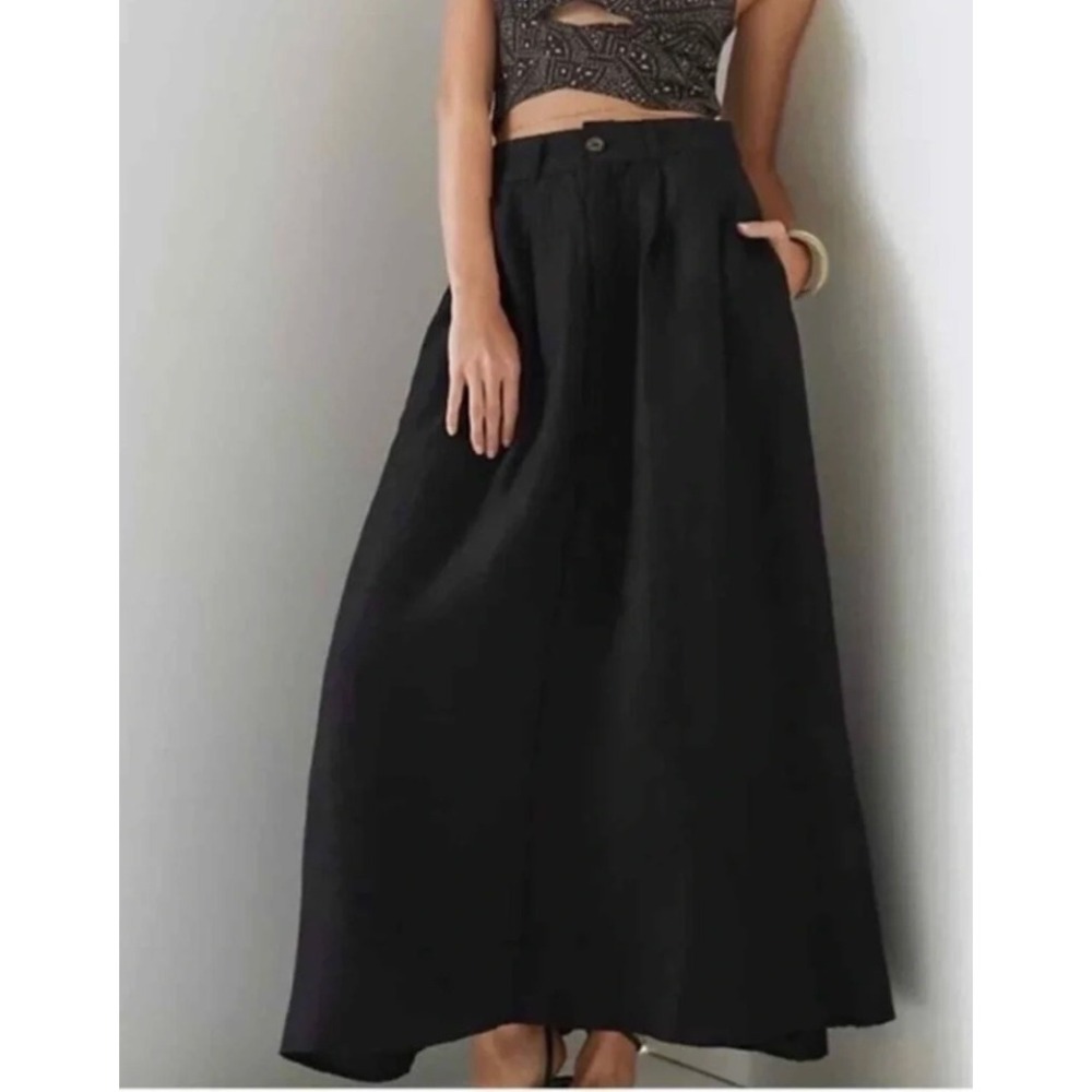 Anthropologie Black Linen A Line Pleated Maxi Skirt Pockets Sz 12 OB1520027